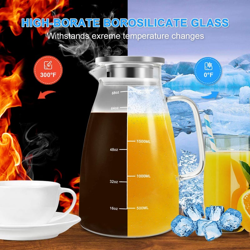 Aofmee Glass Pitcher, 68oz Water Pitcher with Lid and Precise Scale Line, 18/8 Stainless Steel Iced Tea Carafe, Easy Clean Heat Resistant Borosilicate Jug for Juice, Milk, Cold or Hot Beverages - Image 3